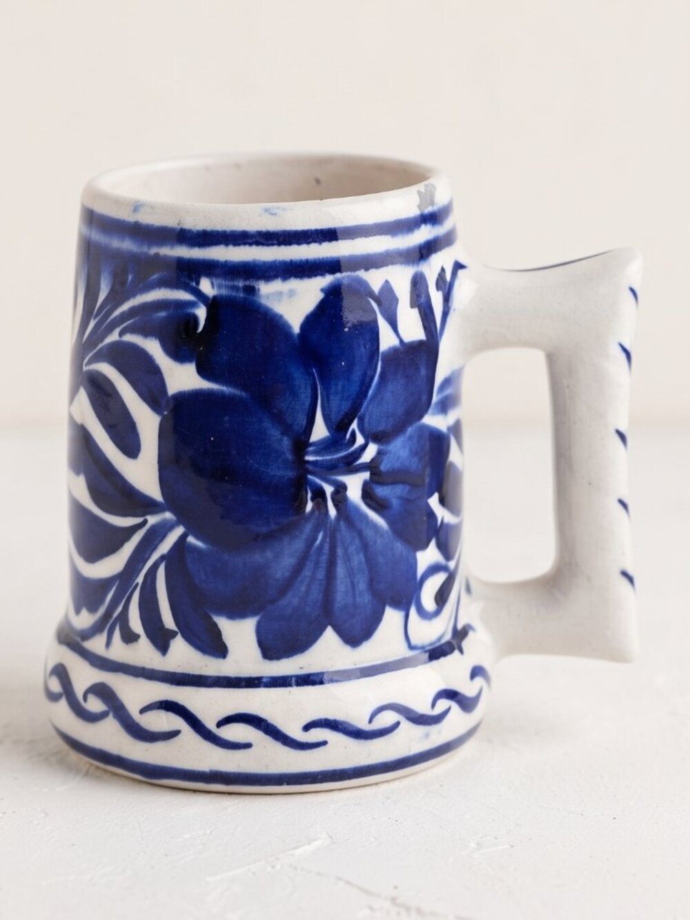 VTG SIGNED Blue White Hand Painted Pottery Tankard Mug Floral Mexican Talavera